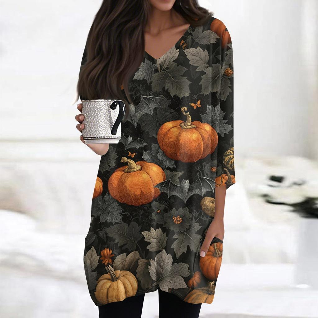 Womens's Fashion Casual Halloween Print V-neck Mid Length Pocket 3/4 Sleeve Top
