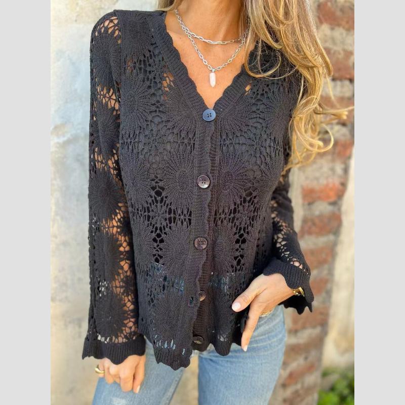

Женский кружевной кардиган с V-образным вырезом и длинными рукавами XS чёрный