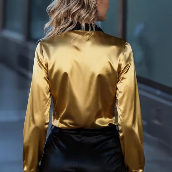 Women Shirt Lapel Long Sleeve Satin Texture Breathable Shirt Patchwork Color Loose Fit Office Casual Tops
