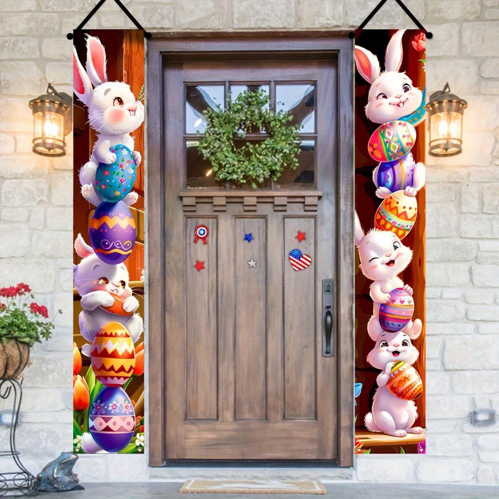 Cute Polyester Easter Door Banners Easter Celebration Vibrant Easter Egg Bunny Flags Easter Door Decoration Festive Home