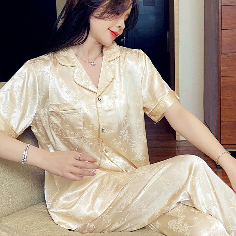 Light Luxury Summer Popular Ice Silk Thin Short-Sleeved Trousers Floral High-End Loungewear Set