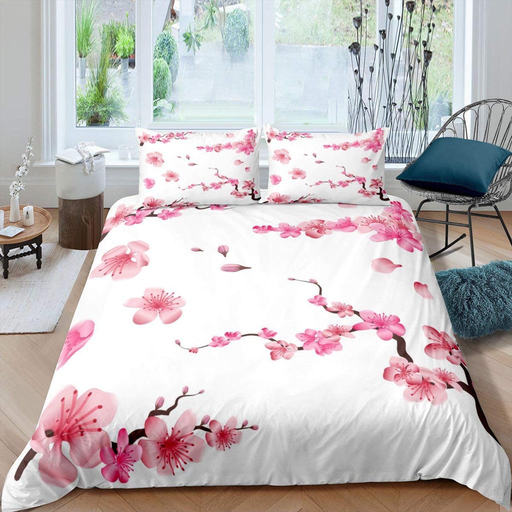 Peach Blossom Duvet Cover Set King Size Microfiber Pink Floral Bedding For Teens Women Twin Comforter Cover