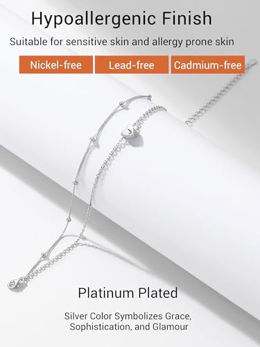 PROSILVER Women's Letter C Ankle Bracelet 925 Silver 22+5cm Double Layer Heart Charm Initial Anklet Summer Beach Jewelry for Women Girls