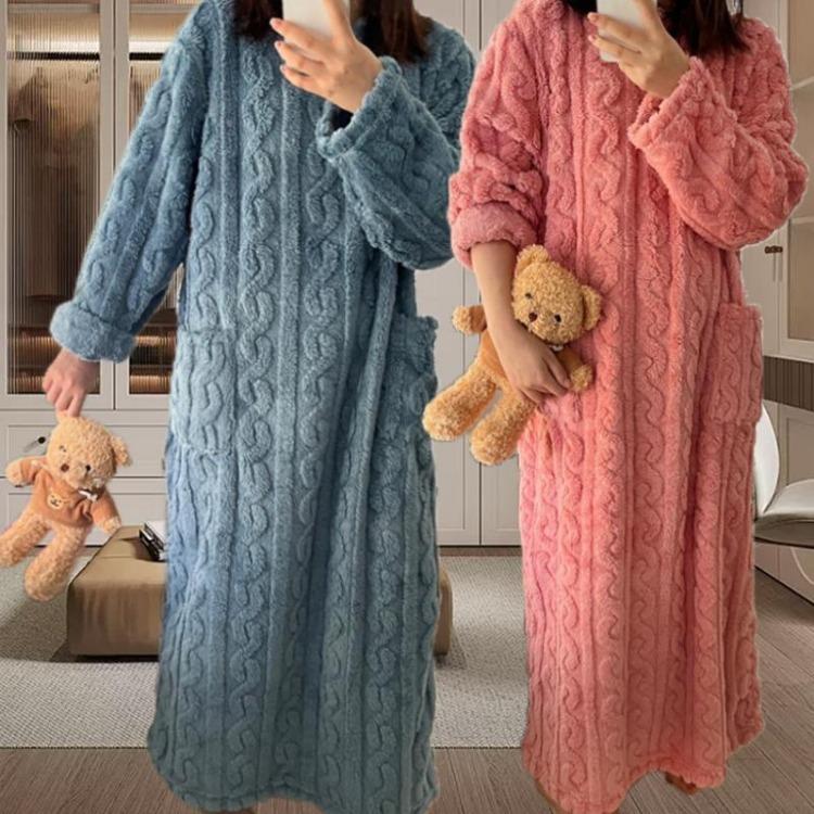 Soft Flannel Women's Nightgown Thickened Jacquard Sleepwear Dress Solid Color Comfortable Night Dress