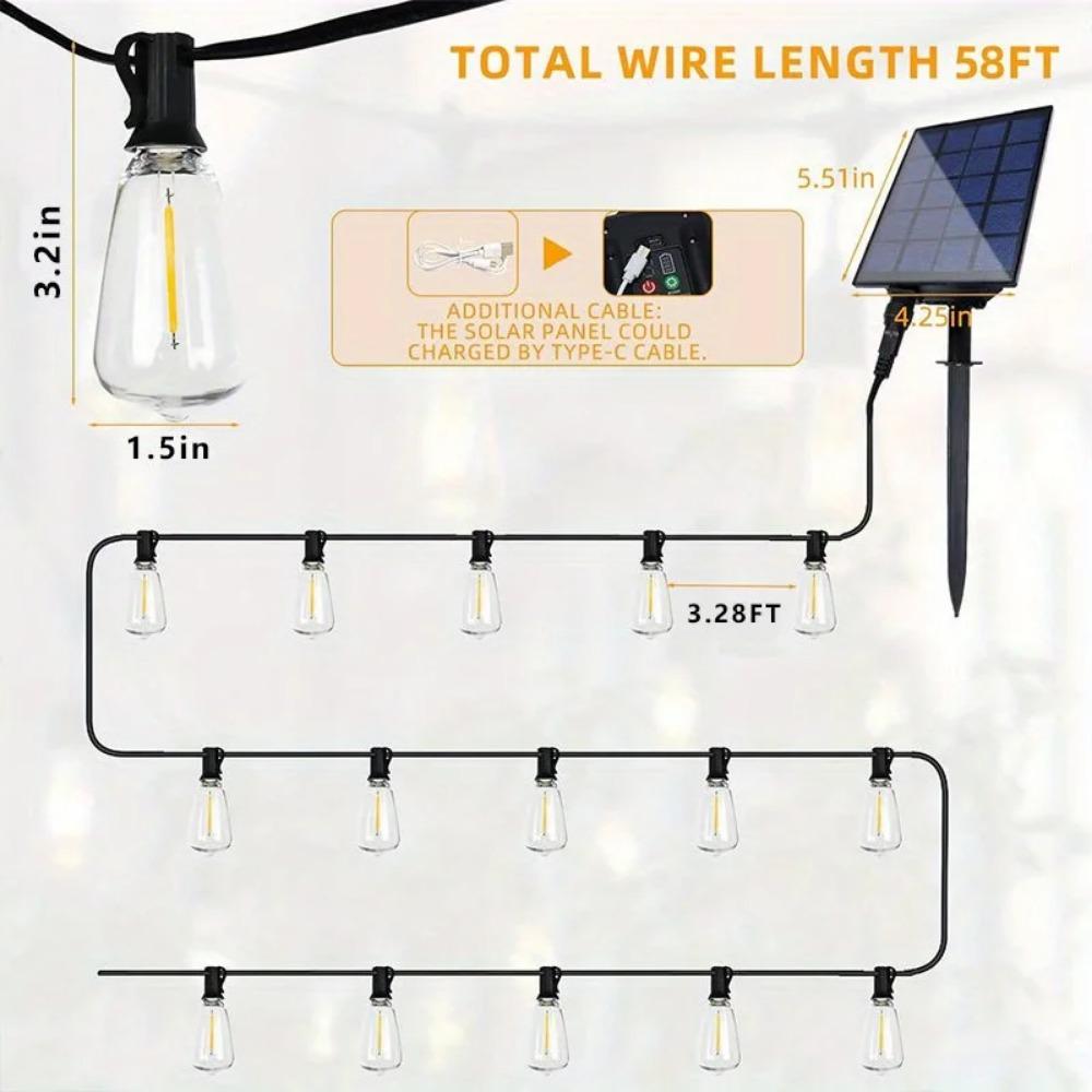 Outdoor Solar String Lights Waterproof 58FT with 15-30 Shatterproof ST38 LED Bulbs Outdoor with Remote Solar String Lights for Camping Yard Party