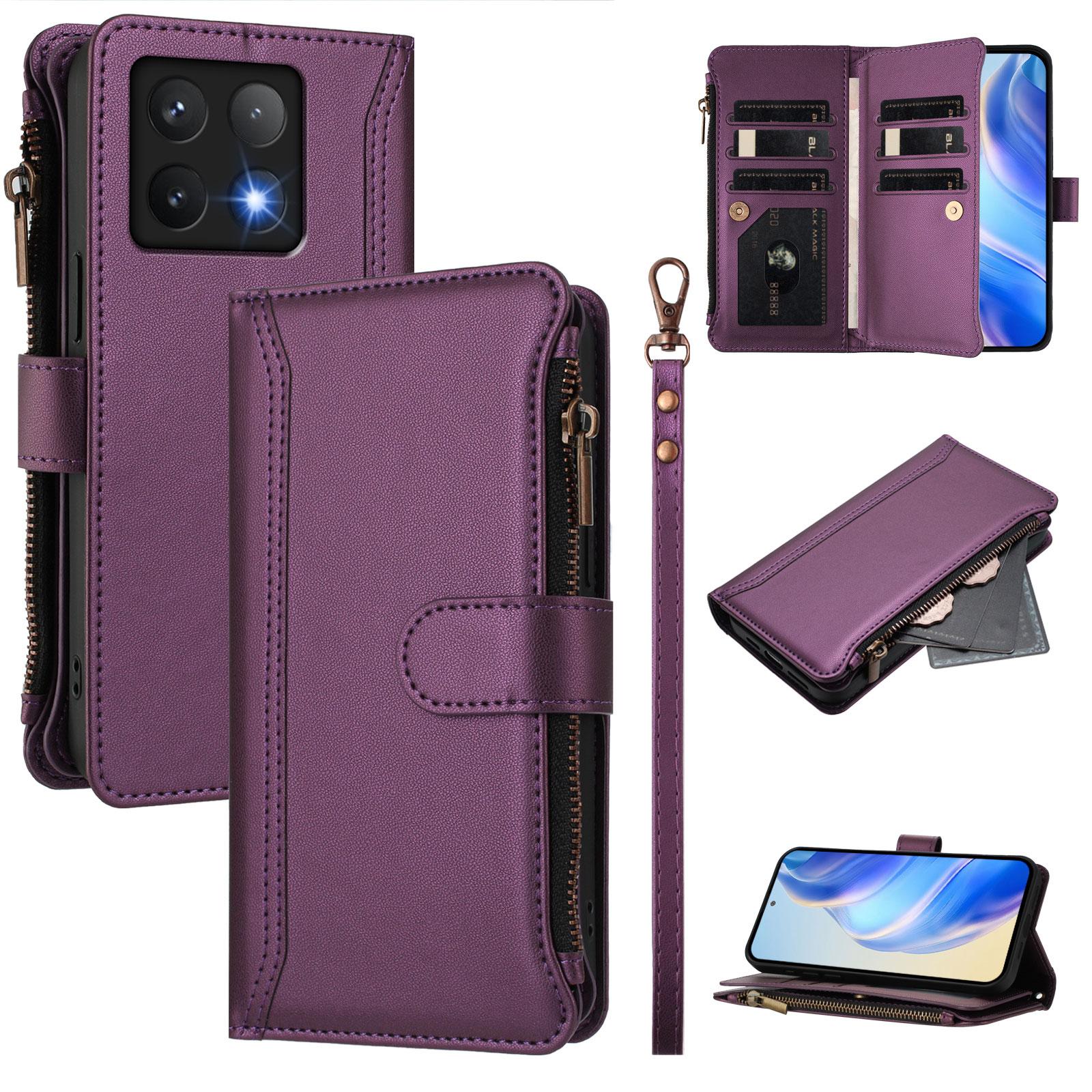

For Xiaomi 14T Leather Case 9 Card Slots Zipper Wallet Stand Phone Cover with Wrist Strap Purple