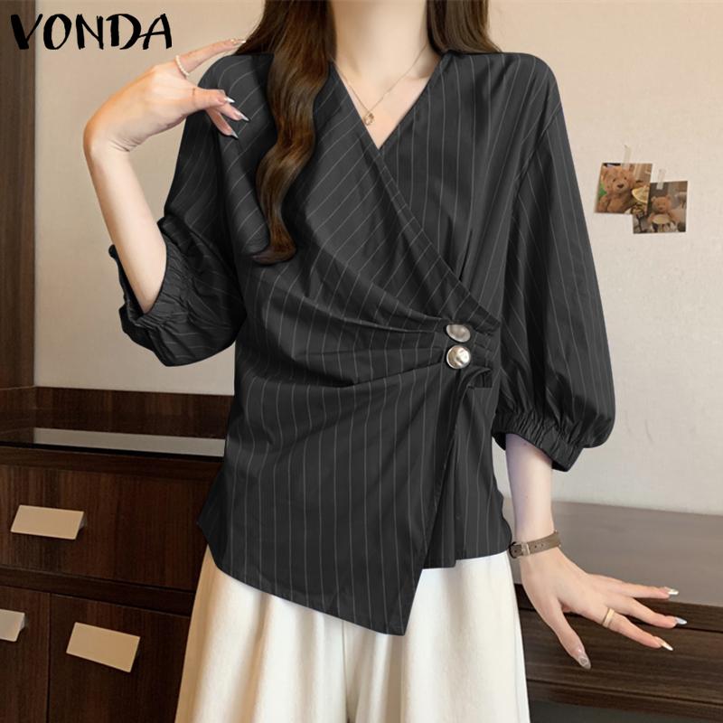 VONDA Women Autumn V-Neck Striped 3/4 Sleeve Button Trim Shirts