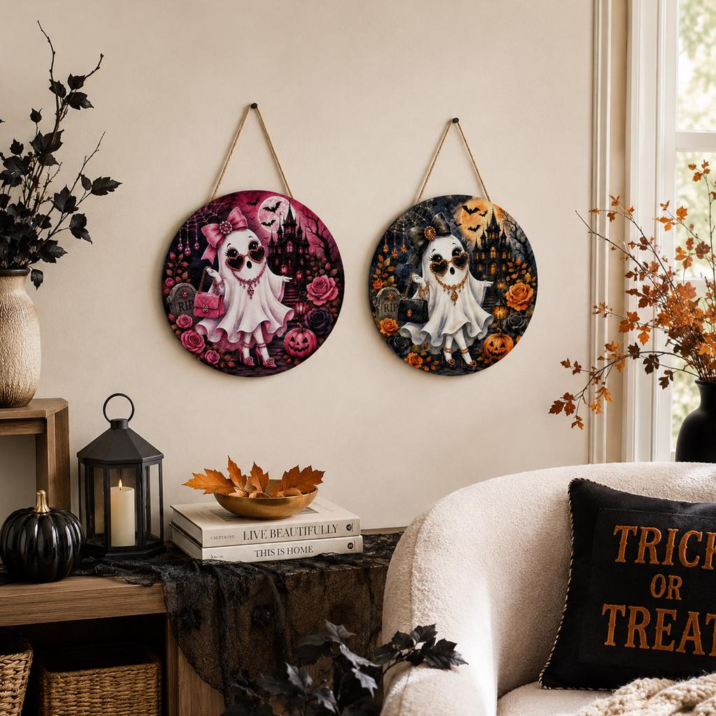 Halloween Ghost Decoration Hanging Ornament Round Shape with Haunted House Pumpkin and Roses Design Suitable for Indoor Outdoor Use
