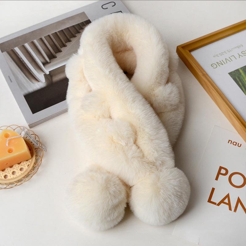 Thick Winter Women Neck Warmer Collar Neckerchief Plush Cross Scarf Faux Rabbit Fur Thickened Plush Ball Thermal Scarf