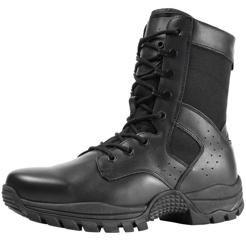 Black Spring and Autumn New Black Combat Boots High Top Cowhide Waterproof Anti-Piercing Tactical Boots Outdoor Riding Boots