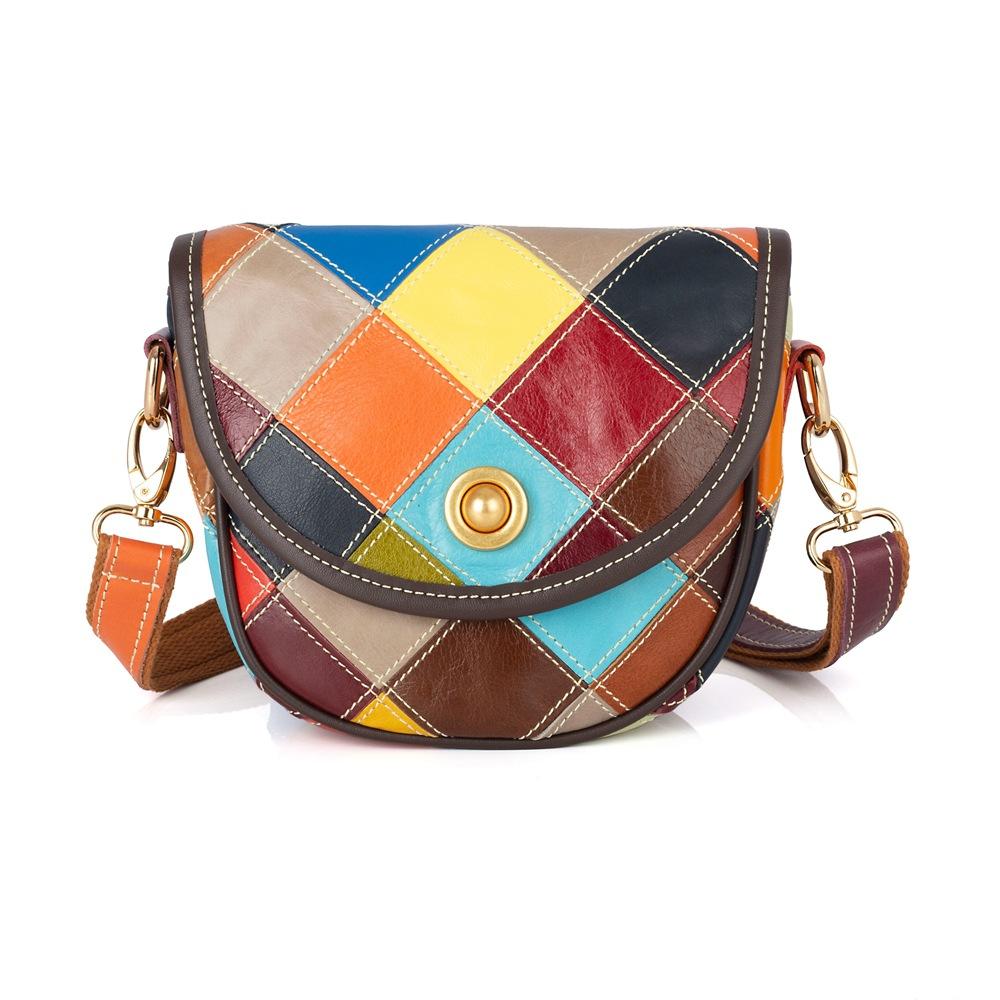 Vintage Genuine Leather Women's Small Bag Color Design Cowhide Ethnic Style Crossbody Bag Saddle Bag Women's Shoulder Bag
