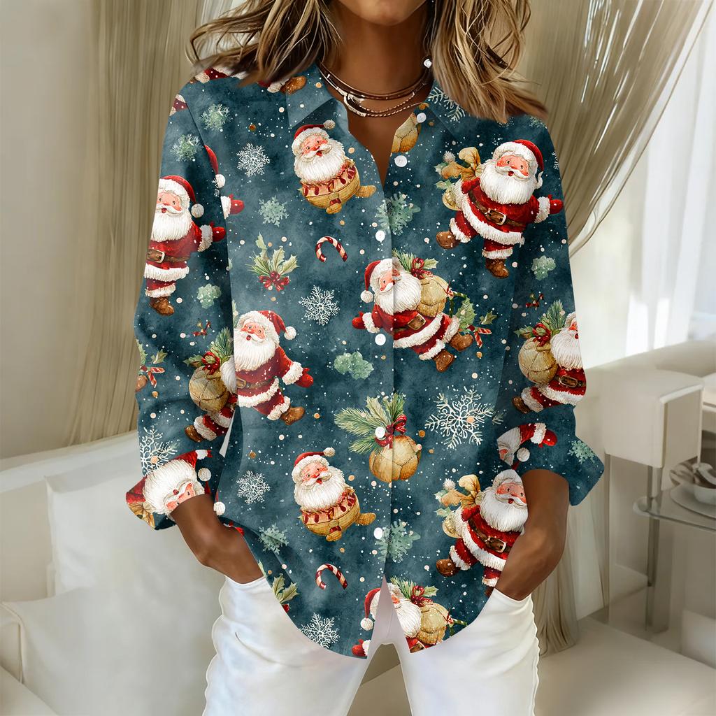 Women's Christmas Printed Button Up Long Sleeved Casual Regular Shirt With Collar Top