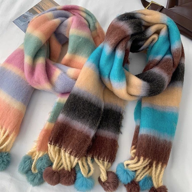 Vinter Dopamin Regnbågsrandig Tjock Varm Borstad Frans Pälsboll Scarf