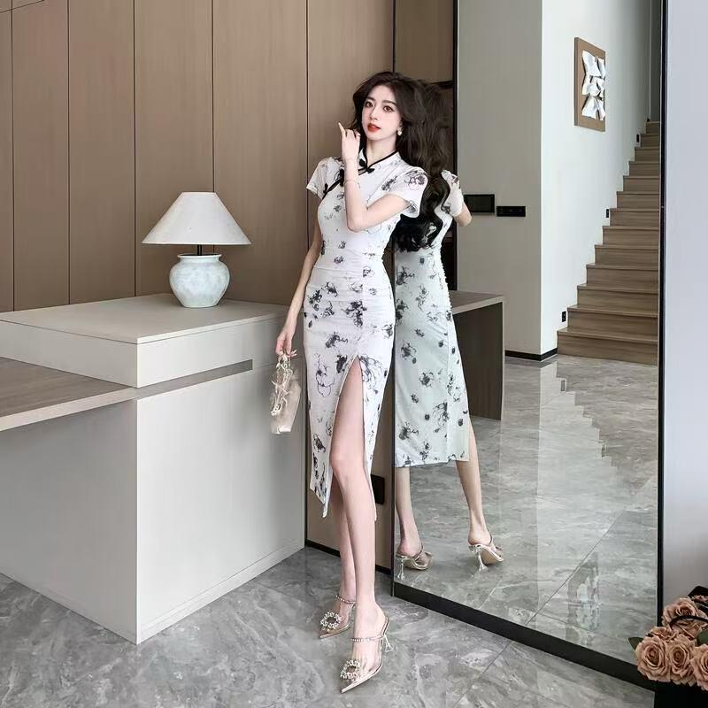 Chinese Retro Cheongsam Mid-Length Skirt - Slimming, High-Grade, Pleated, Hip-Wrapped Dress for Girls
