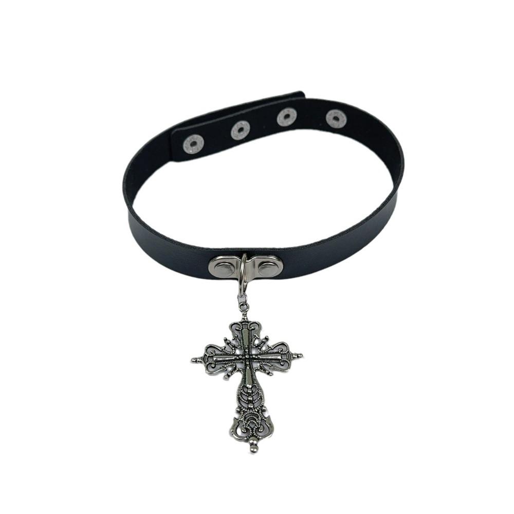 Y2K Subculture Baroque Hollowed-out Cross Pendant Collar Black Beaded Fold Wear Long Necklace for Women Personality Punk Jewelry