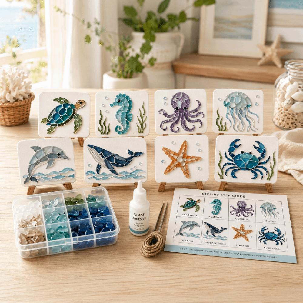 DIY Beginner Friendly Mosaic Kit Mosaic Craft Supply Glass Mosaic Kit  Ocean Animals Theme
