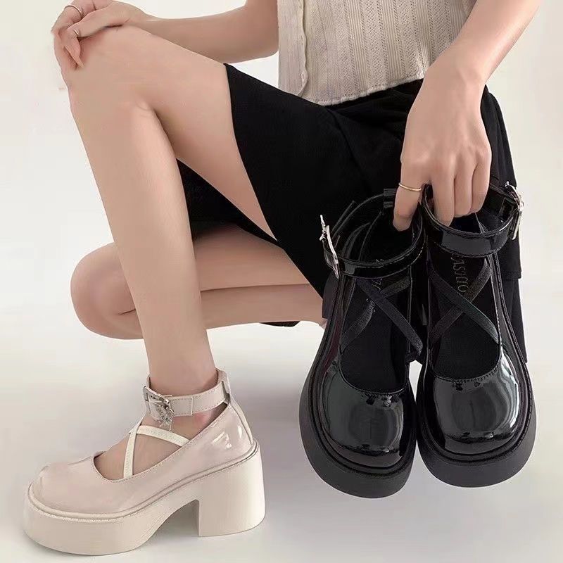 Black Thick Heel Platform Small Leather Shoes Women's Summer 2025 New French Mary Jane Shoes Versatile Small High Heels