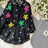 Premium Heavy Industry Diamond Sequined Flower Lapel Lantern Sleeve Shirt Women's Summer Sweet Age-reducing Loose Fringed Top