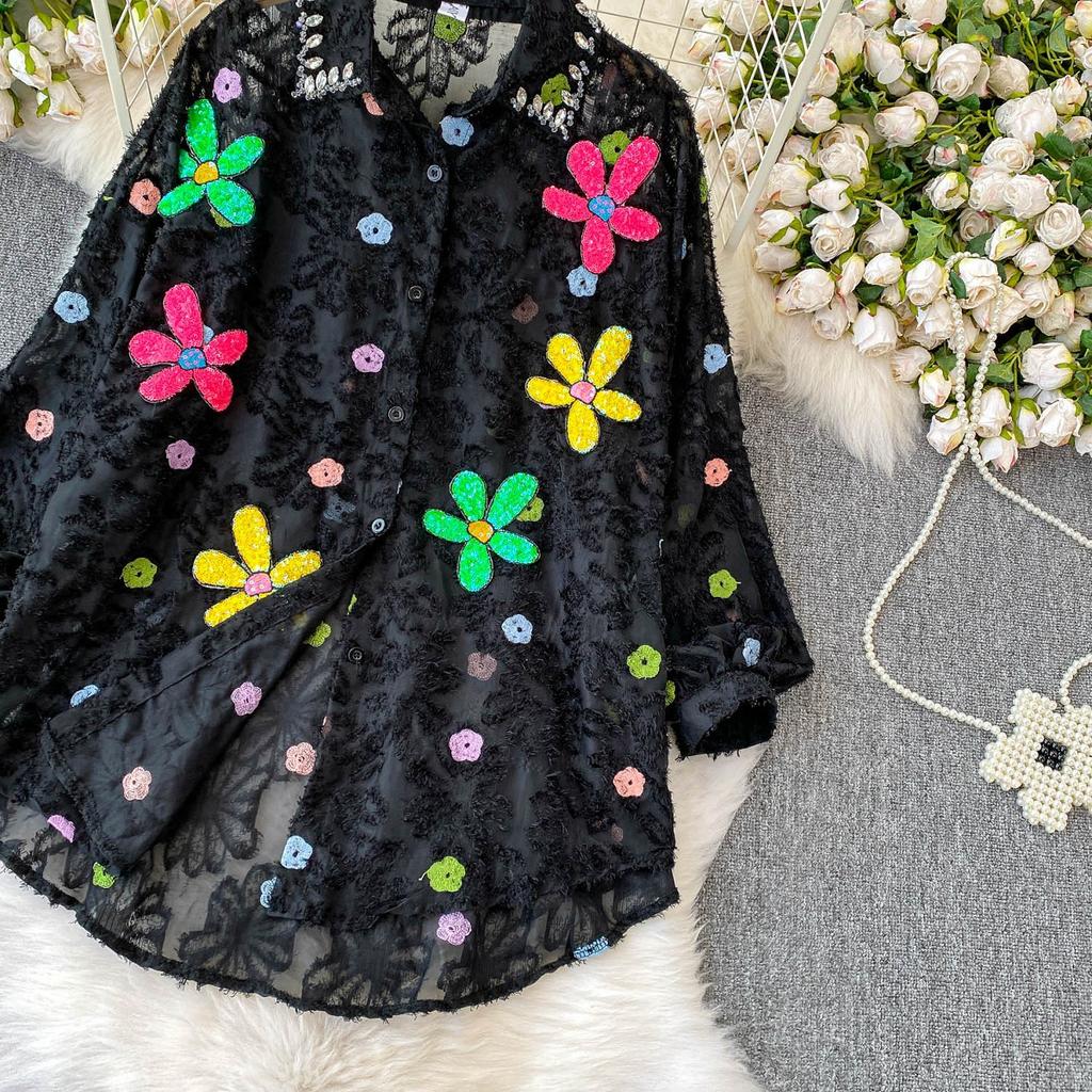 Premium Heavy Industry Diamond Sequined Flower Lapel Lantern Sleeve Shirt Women's Summer Sweet Age-reducing Loose Fringed Top