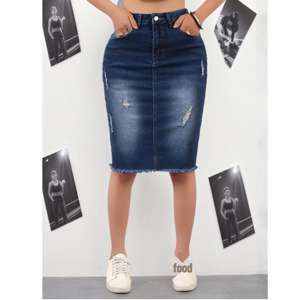 Women's Dark Blue Ripped Denim Midi Skirt - Casual, Versatile, Bodycon for Spring, Summer, & Autumn