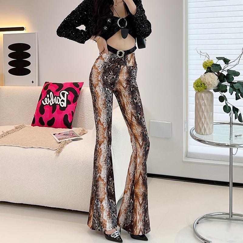 Spring Thin Women's High-waisted Flared Pants Slim Fit Trousers Printed Stretch Flared Pants