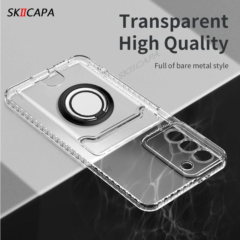 S23FE Transparent Card Slot Wallet Holder Silicone Case For Samsung S23 Ultra S21 S22 Plus Note 20 Ultra 10 Magnetic Ring Cover