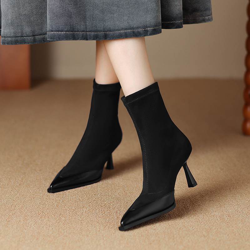 Krazing Pot Flock Autumn Winter Shoes Stiletto Thin High Heels Big Size 40 Modern Boots Pointed Toe Keep Warm Zip Ankle Boots