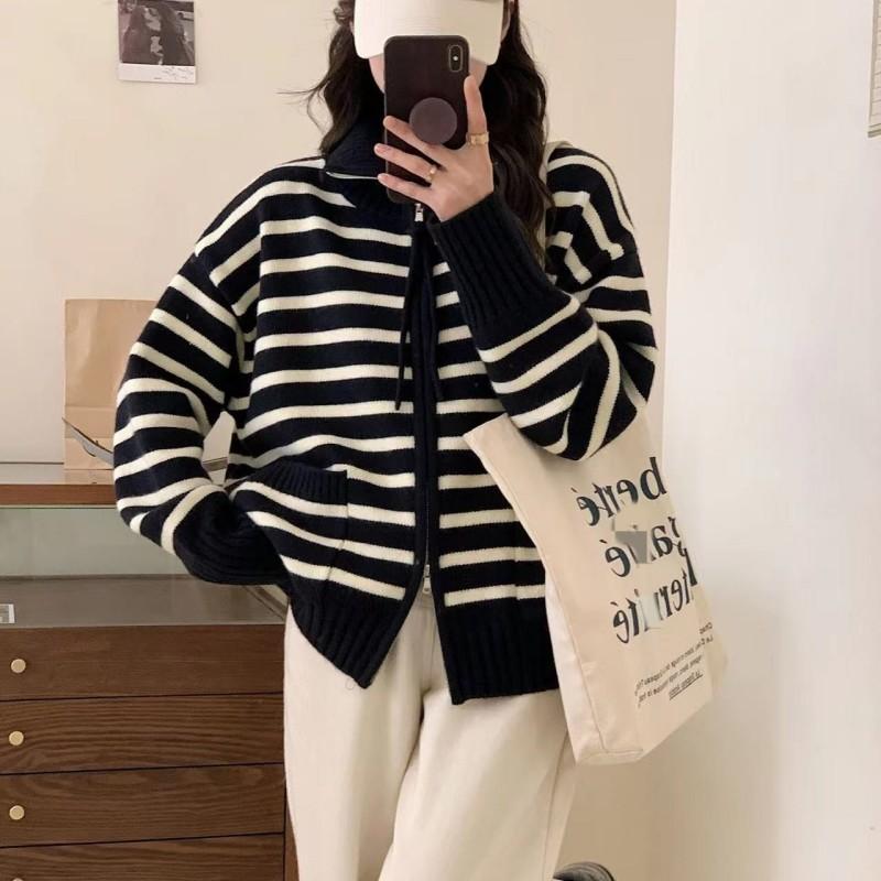 Lapel double zipper knitted cardigan fashion striped soft waxy color matching retro casual double pocket sweater jacket