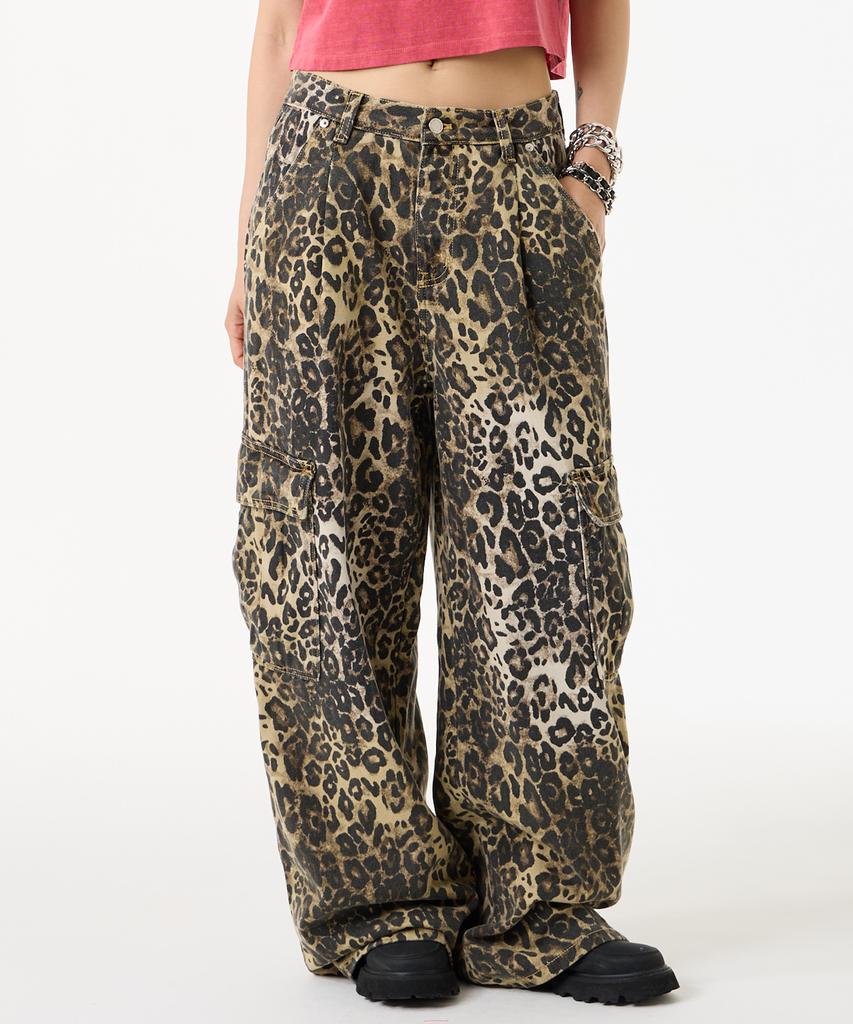 UNKNOWN PLANET Leopard Wide Cargo Pants Brown