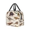 LDU Black Dinosaur Pattern Cartoon Lunch Bag, Black Bento Box, Insulated Cooler Bag with Zipper, Compact Soft Cooler Bag, Tote Eco Bag