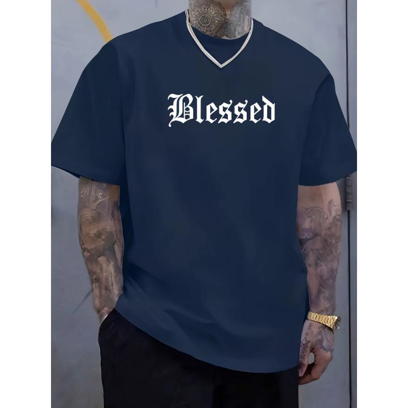 Men's Summer Fashionable Casual Loose Blessed Letter Pattern Printed Sports Round Neck Short Sleeved T-shirt