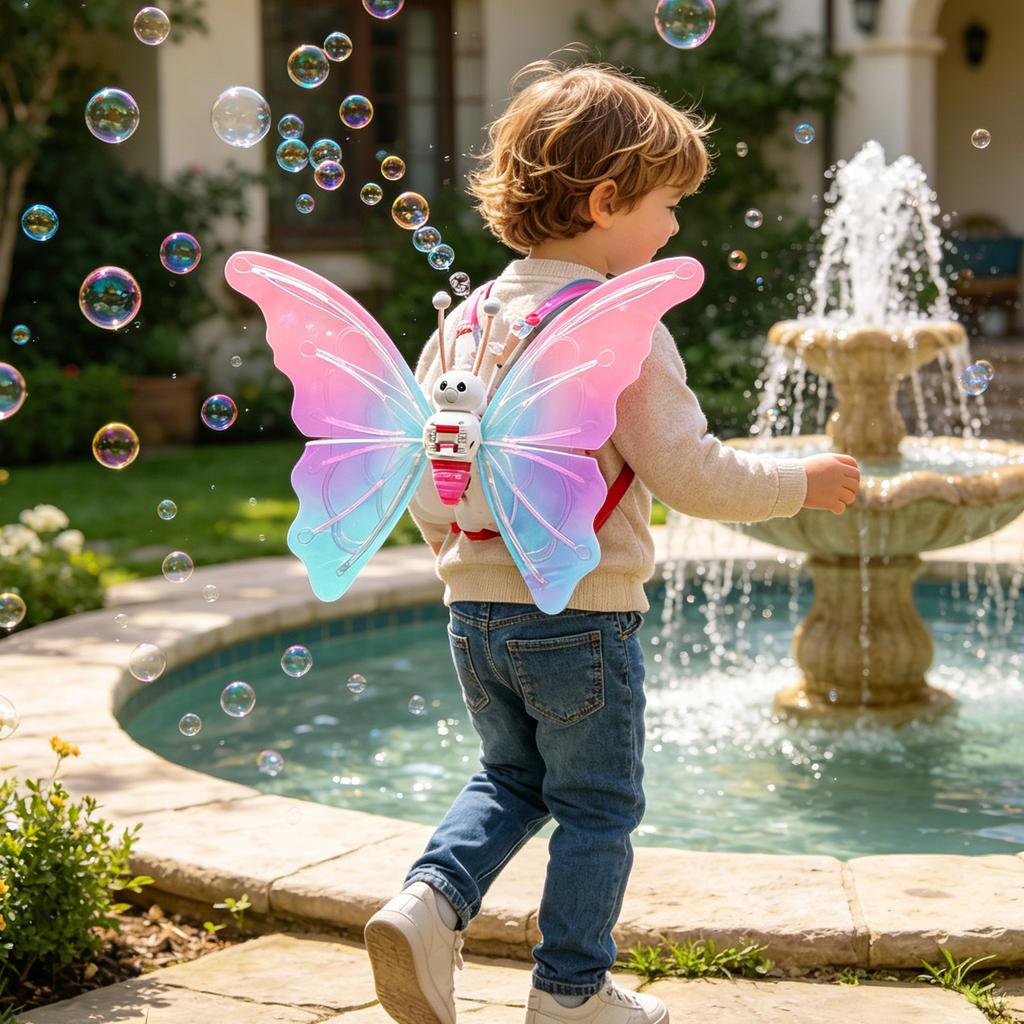 Electric Light Up Butterfly Bubble Toy Outdoor Wearable Wings with 40ml Bubble Solution for Children Play and Entertainment