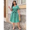 Plus Size Women Dress Elegant Lapel Shirt Dress Tie Waist Slim Fit Midi Dress Fashion Comfortable Versatile Dress