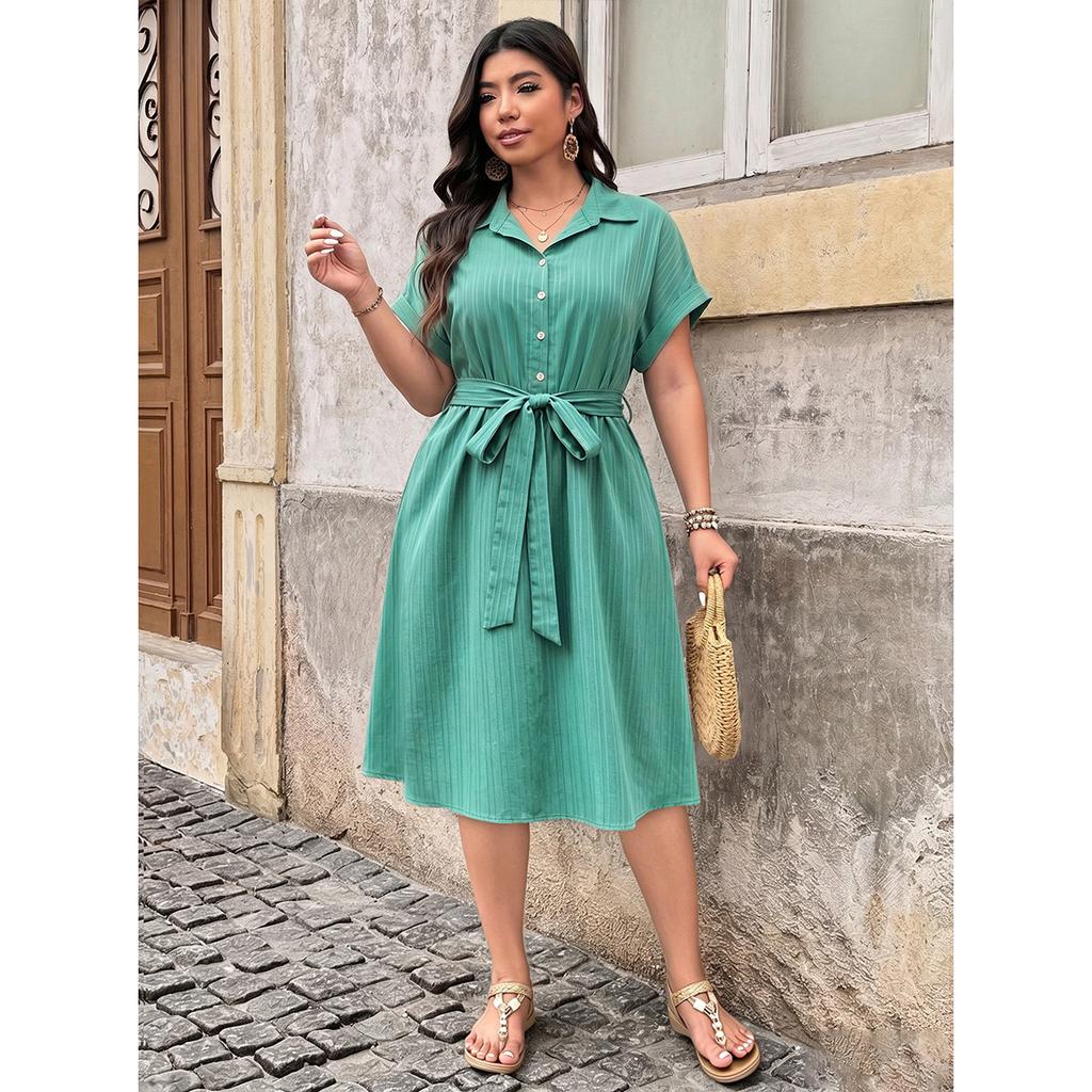 Plus Size Women Dress Elegant Lapel Shirt Dress Tie Waist Slim Fit Midi Dress Fashion Comfortable Versatile Dress
