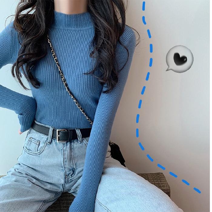 Toamnă și iarnă Pulover nou cu mâneci lungi, versatil, de culoare solidă, în stil coreean, pe jumătate cu gât țesut, cămașă subțire, tricotată, cu fundul pentru femei.