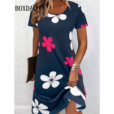 2026 Fashion Summer Dresses Women's Casual Abstract Floral Print Dress Casual Short Sleeve Loose A-Line Dress Ladies Clothes
