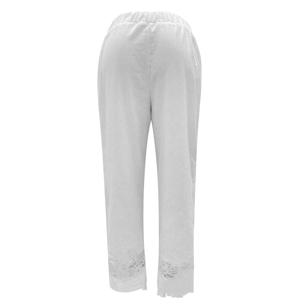 IHUASU Pantaloni casual pentru femei, primăvară, vară, bumbac/in, dantelă, mozaic, cu nasturi, talie elastică