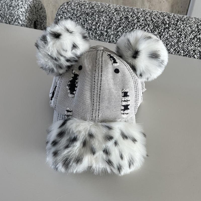 Fashionable Baseball Caps Unique Pompoms Furry Brim Dotted Pattern for Idol Concert Shows Stage Dance Headwear
