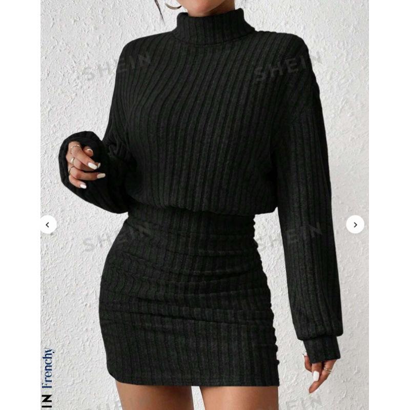 Autumn Winter Slim Fit Fashion Ribbed High Neck Bodycon Long Sleeve Dress