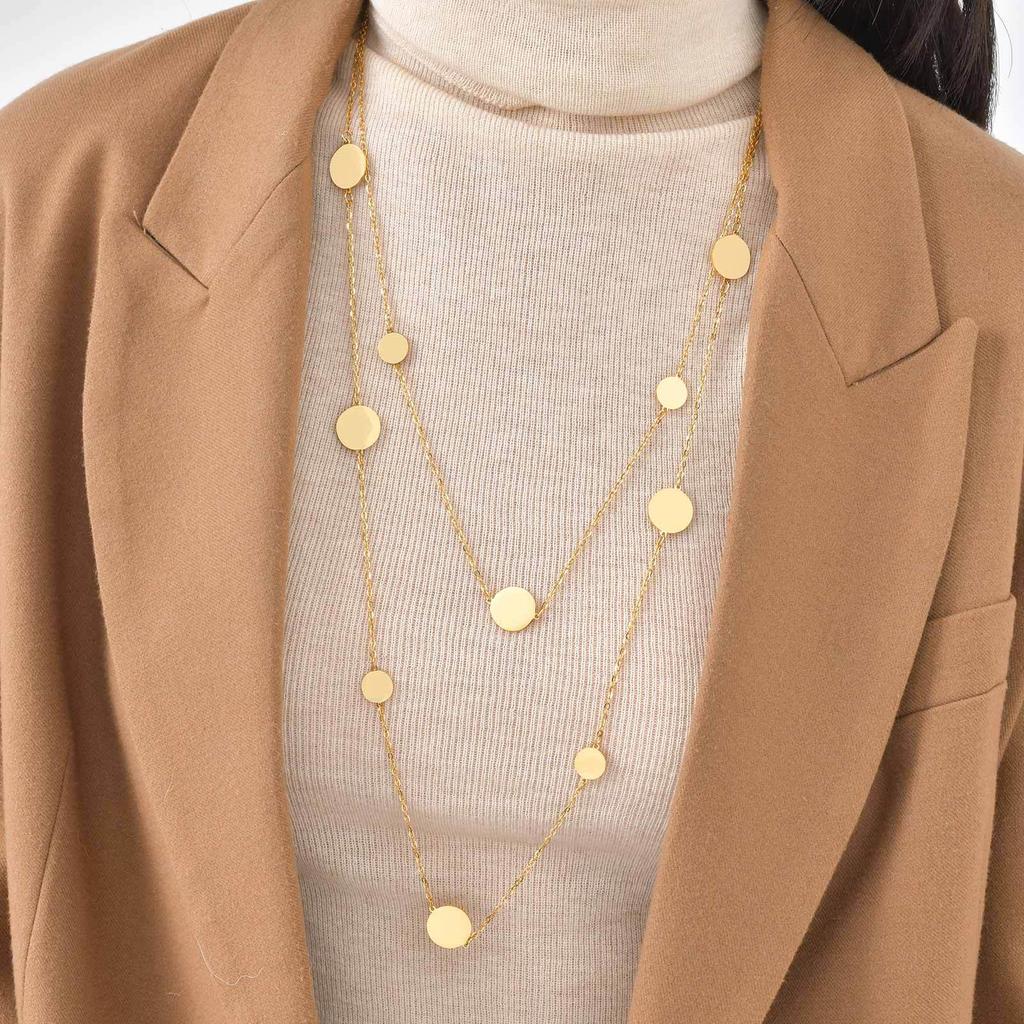 Sweater Chain, Wind-Plated 18K Gold, Stainless Steel Size Disc, Double-Layer Stackable Necklace, Female Nc-2691.