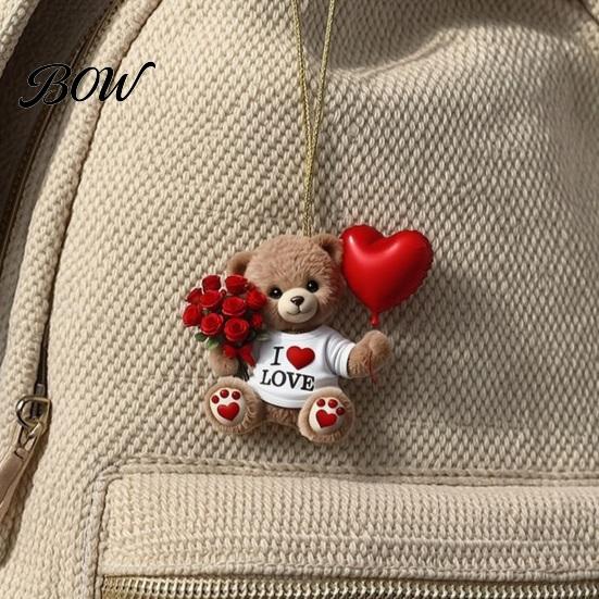 Small Romantic Keepsake Teddy Bear Hanging Ornament, Holding Heart Balloon Red Rose Bouquet Decoration, Car Rearview Mirror Accessory 2D Flat