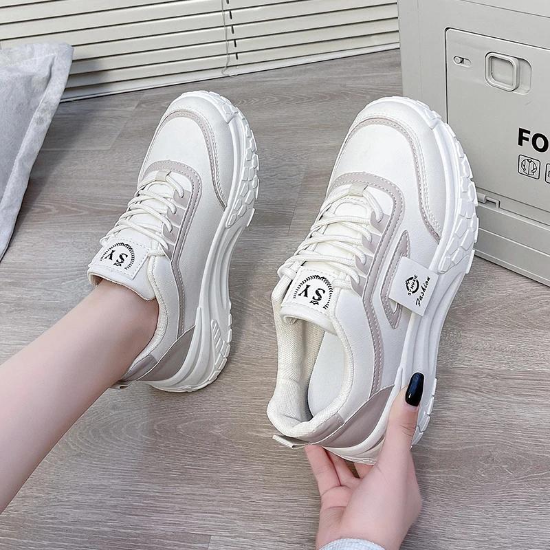 Fashion Black Khaki White Women's Fashion Casual Sneakes Lace Up Platform Hiker Vulcanized Shoes Versatile Increase Tennis Sneakes