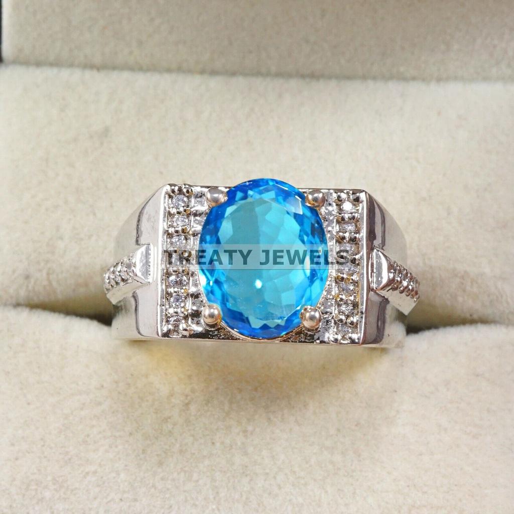 Blue Topaz Oval Cut Gemstone With 925 Sterling Silver Ring For Men's #A905 JL375669072897