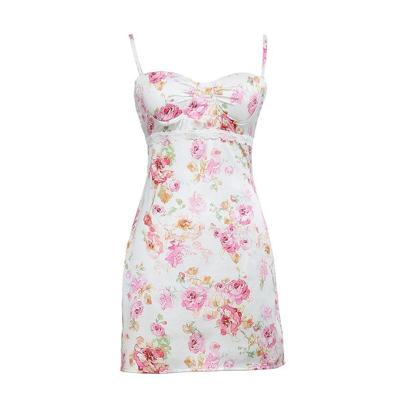 Niche Design Sexy Sexy Pure Desire Style Lace Patchwork Satin Print Suspender Skirt Silm Sheath Dress