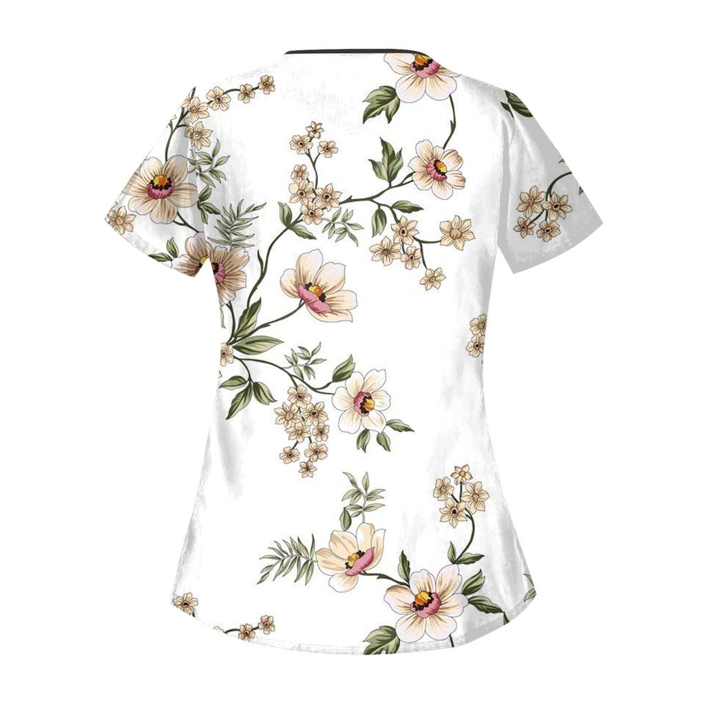 Women's Casual Printed Short Sleeve Workwear With Double Pocket Top