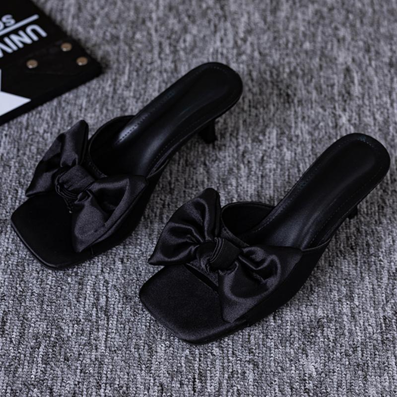 Fashion Bow Women Mid Heels Slippers Designer Heeled Sandals Woman Shoes 2025 Summer Dress Stilettos Pumps Fad Brand Sandalias De Mujer