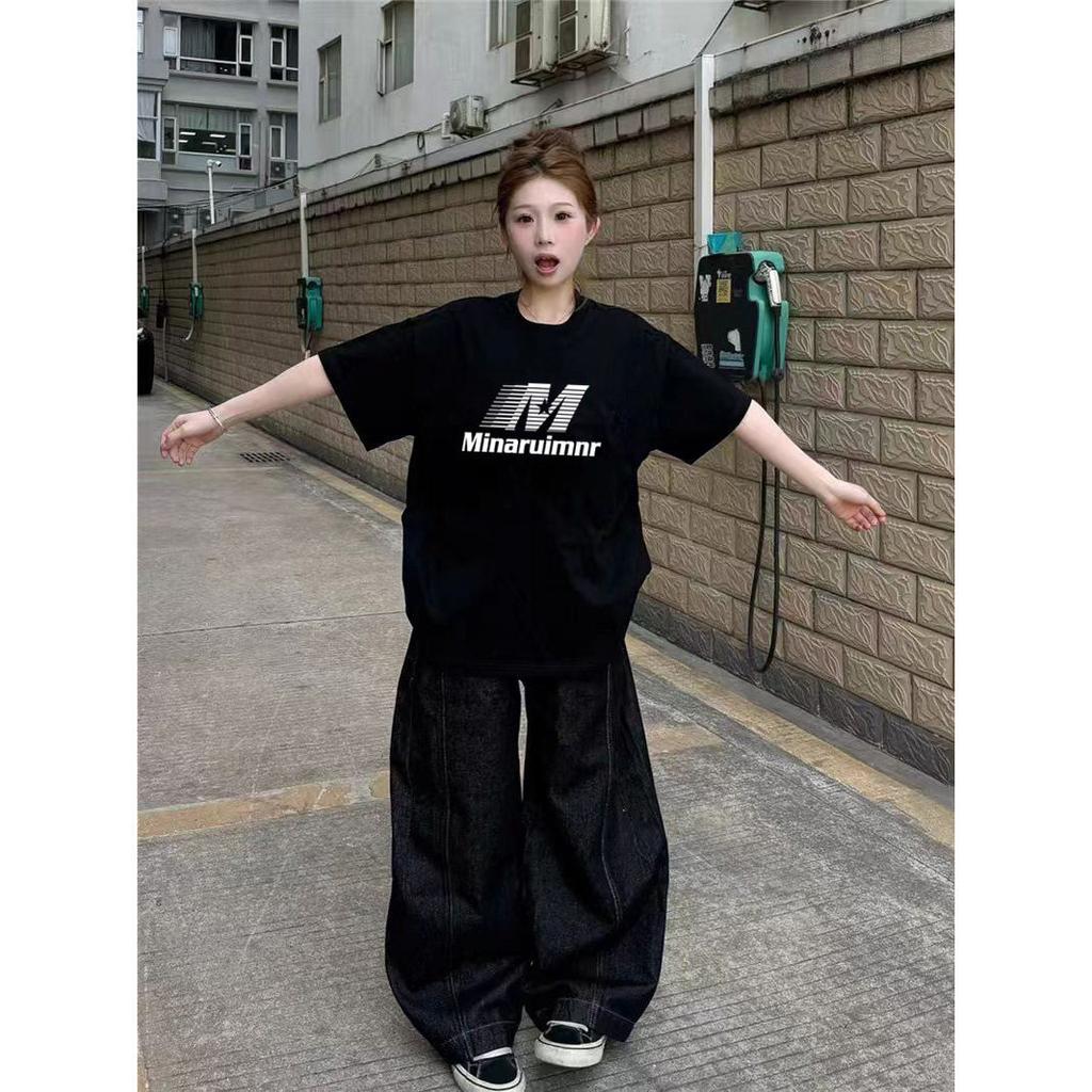 Pure cotton American high street black short-sleeved t-shirt women's summer new loose large size fat mm design niche top