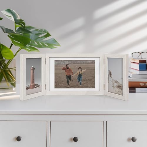 Afuly Photo Frame, Postcard Size, 2L, 3-Panel, Stylish Folding Photo Frame, Tabletop/Wall-Mountable, Wood Grain Finish, White, Perfect Gift for Weddin