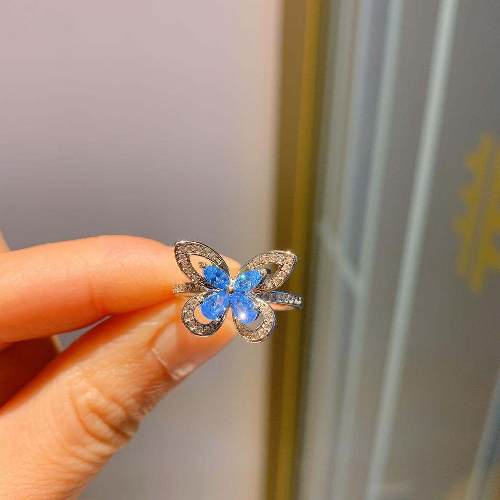 Tiktok Live S925 Silver Needle Sea Blue Butterfly Three Piece Set Bracelet Necklace Ring Earnail Wedding Jewelry