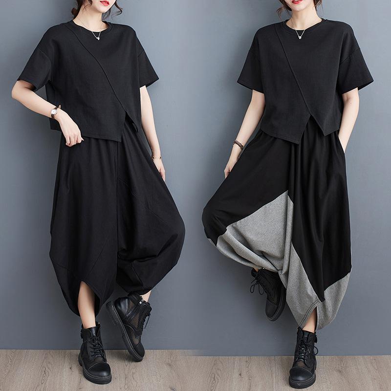 Summer Women's Pants Plus Size Elastic Waist Irregular Splicing Collapsible Pants Hanging Crotch Pants Loose Casual Wide Leg Pants